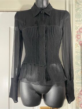 PRADA Black Sheer Silk and Knit Long Sleeve Top